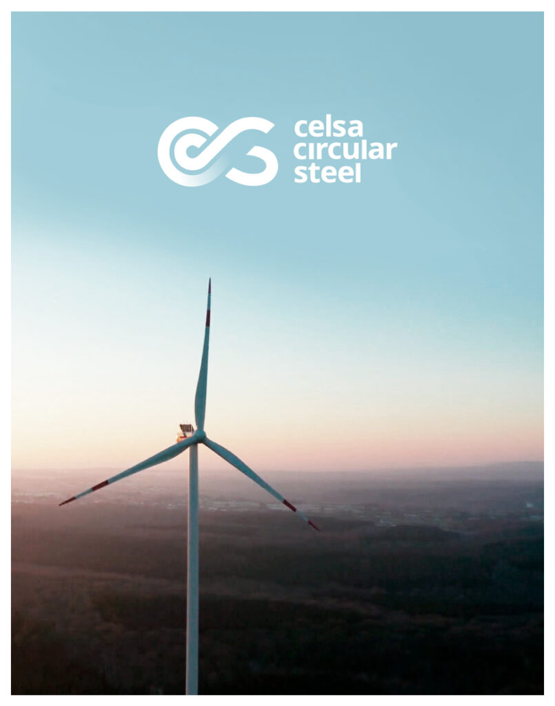 Logo de Celsa Circular Steel sobre fondo de molino de viento que representa el medio ambiente