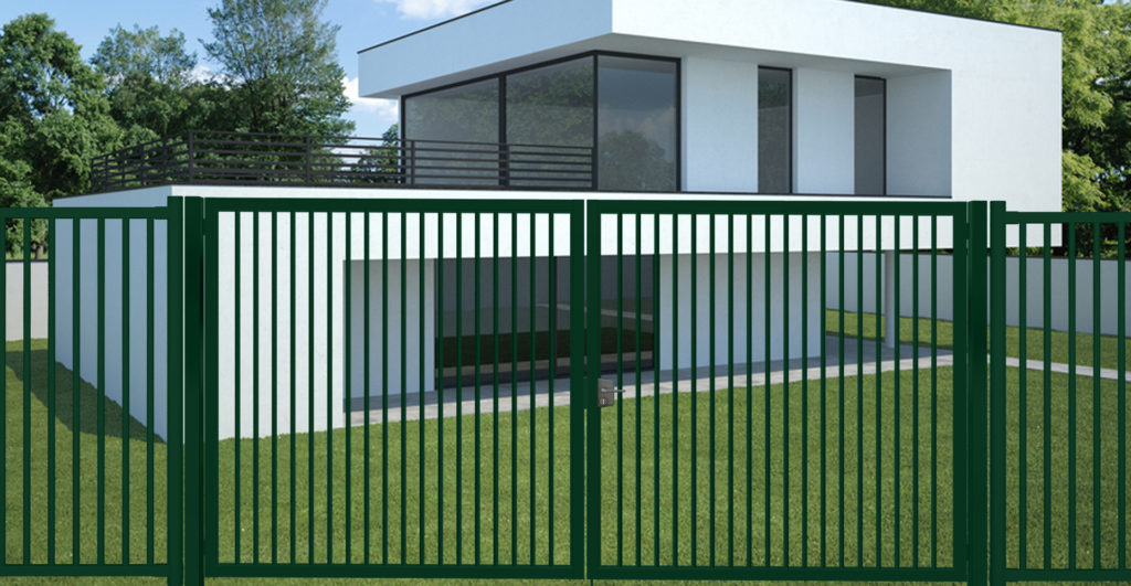 Modern house with garden and a Rondo Plus swing gate at the entrance